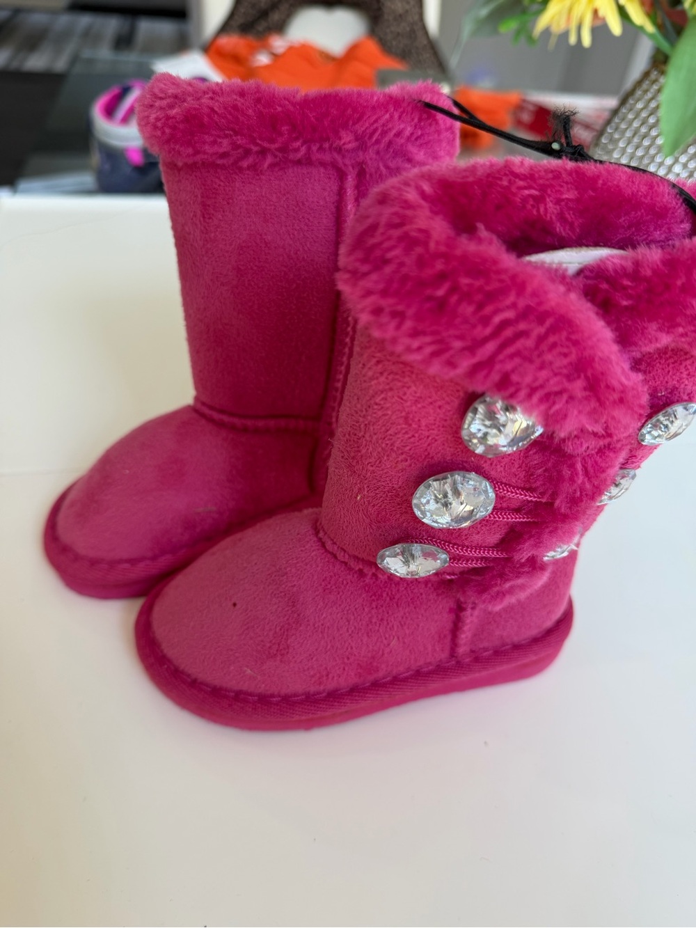 Kids Pink Faux Fur Button Booties with Jewel Accents